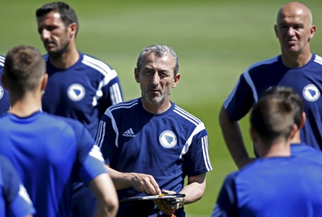 Bosnia-Herzegovina coach Mehmed Bazdarevic speaks during a training session in Zenica.
