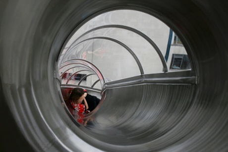 Inside the installation Isometric Slides at the Hayward: Holler calls them sculptures through which you can travel.