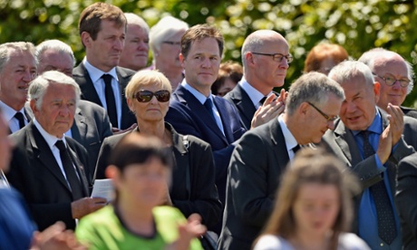 Mourners at the funeral service included former Liberal leader David Steel (front left), former Labour director of communications Alastair Campbell (back left) and Nick Clegg (centre).