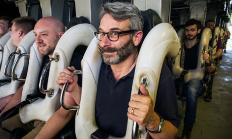 Jon Henley, centre, and Ian Bell (left) on the Nemesis rollercoaster at Alton Towers.