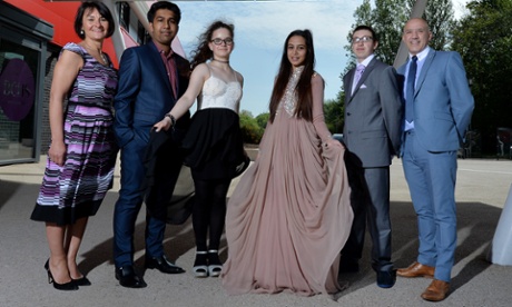 Left to right: headteacher Diane Atkinson and pupils Moaaz Sidat, Chloe Ritchie, Aneesah Hussain and Damian Mariner, with Gary Chinery before Blackburn central high school’s prom on a budget.