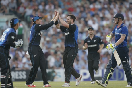 The New Zealand players celebrate the wicket of Ben Stokes.