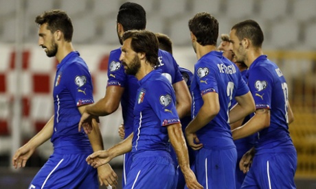 Italy players celebrate their equalizer against Croatia in Split.