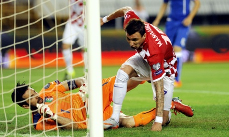 Croatia's Mario Mandzukic scores the opener past Italy's goalkeeper Gianluigi Buffon.