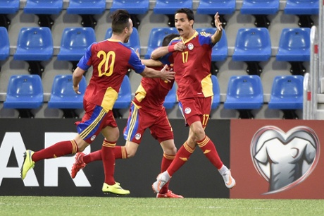 Andorra's forward Aaron Sanchez celebrates after scoring.
