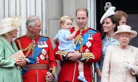 On the balcony: Camilla, the Duchess of Cornwall; Prince Charles; Prince George; Prince William, Catherine, Duchess of Cambridge; Prince Harry; and the Queen.