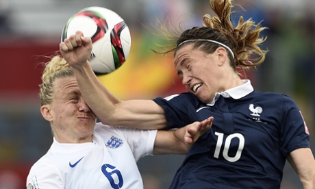 TOPSHOTS England's defender Laura Bassett (L) vies with France's midfielder Camille Abily during a Group F match at the 2015 FIFA Women's World Cup between France and England at Moncton Stadium in Moncton, New Brunswick on June 9, 2015.  AFP PHOTO / FRANCK FIFEFRANCK FIFE/AFP/Getty ImagesFOOTBALLWOMANWORLD CUPBUSTHEADERFootballSoccerFIFA Womens World CupFIFA Women's World CupladiesWomen