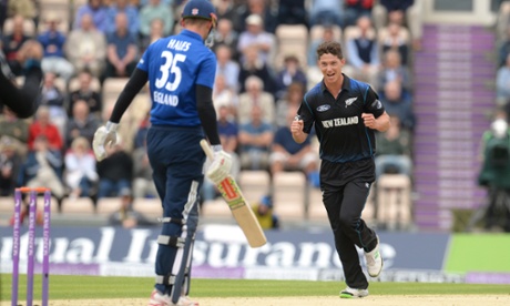 New Zealand's Ben Wheeler celebrates after dismissing Alex Hales.