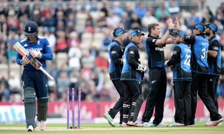 Jason Roy walks away with bails aground.