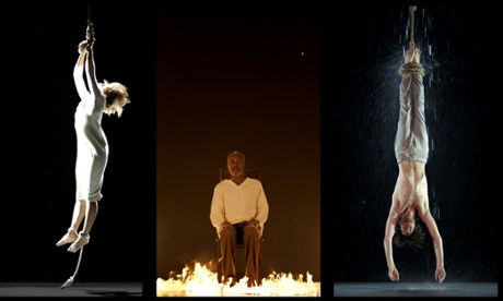 Stills from Bill Viola’s Earth, Martyr, Air, Martyr, Fire Martyr, and Water Martyr video installation.