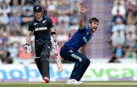 Brendon McCullum is given out, lbw, off the bowling of England’s delighted Mark Wood.