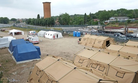 Temporary tent city for migrants set up by the Italian Red Cross in the area of Rome's Tiburtina station.