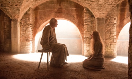 Bird watching… The High Sparrow hears Cersei's confession. Jonathan Pryce and Lena Headey.