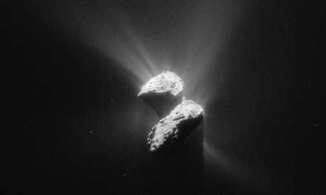 Jets of gas can be seen above the comet's surface.