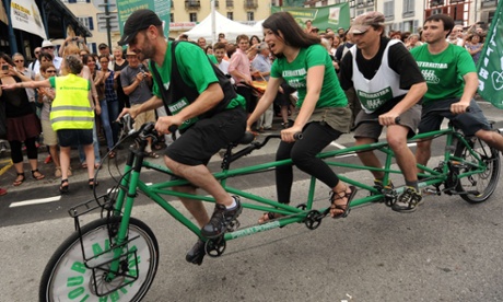 Cyclists start off on the Alternatiba, a 5,000km bike ride raising awareness of climate change ahead of the Paris climate summit.