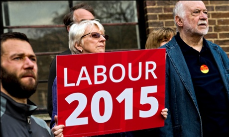 Party activists listen to Ed Miliband speak at a rally in Crouch End, north London during the 2015 general election campaign
