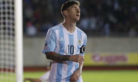 Argentina's Lionel Messi reacts after missing a chance to score against Paraguay during their Copa América opener.