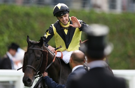 Martin Harley on Goldream celebrates after winning the King's Stand Stakes at Royal Ascot.