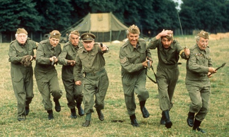 The cast of Dad’s Army mount an attack in a 1975 episode, with Lance-Corporal Jones at right