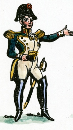 Print of a theatrical dramatisation of  The Battle of Waterloo, first presented at Astley's Amphitheatre in 1824. Napoleon Bonaparte: 'My destinies are in the balance, and if I am predestinate to a death, let it be a soldier's'