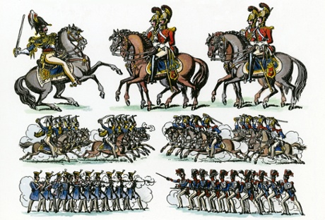 Prussians v French cavalry at The Battle of Waterloo. ('Music indicative of an approaching battle, and continued reports of cannon')