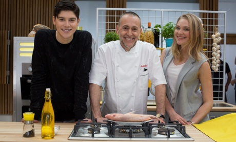 Michel Roux Jr with presenters Finney Cassidy and Georgia Lock in First Class Chefs.