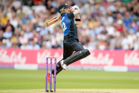 Brendon McCullum launches one.