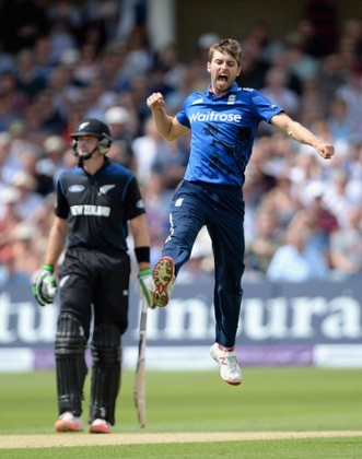 Mark Wood celebrates dismissing Brendon McCullum.