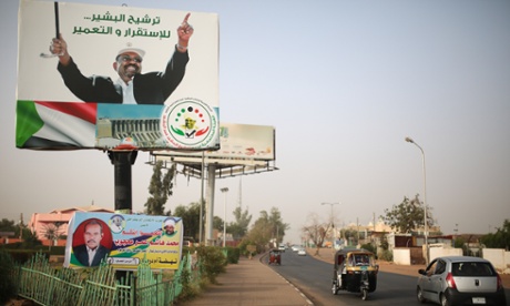 An election campaign banner in support of the Sudanese president, Omar al-Bashir, in Omdurman, Sudan. Bashir is wanted on war crimes charges in The Hague.
