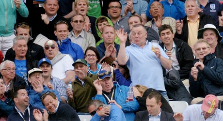 Spectators take evasive action as one of Alex Hales' sixes heads in their direction.