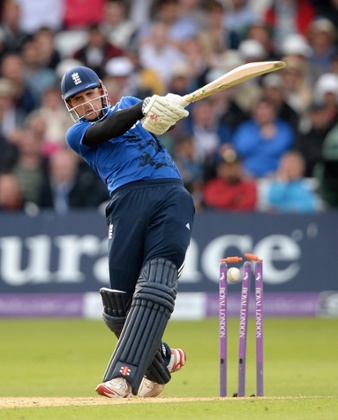 Alex Hales's innings comes to an end courtesy of a Matt Henry delivery that takes out his middle stump.