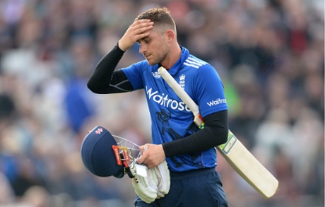 Hales looks dejected as he heads back to the pavilion.