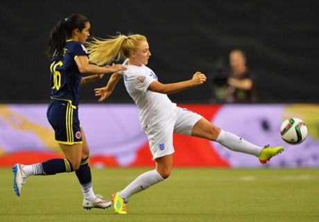 Alex Greenwood attempts to bring the ball under control despite the attention of Lady Andrade.