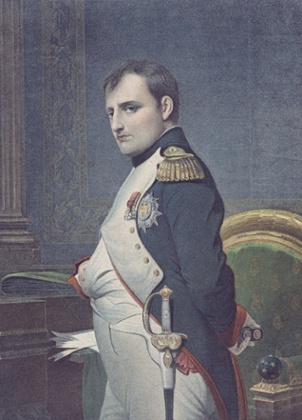 Portrait, after a painting by Paul Delaroche, of Napoléon in his study.
