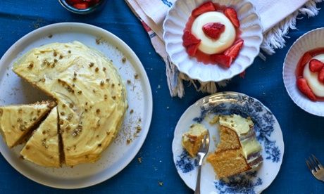 A summery pineapple and camomile cake and an elegant orange-blossom panna cotta with strawberries.