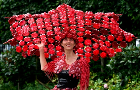 Look carefully and you’ll notice that Larisa Katz’s hat and shawl is made entirely from recycled plastic bottles and spoons.