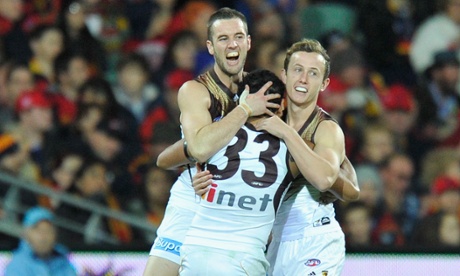 Hawthorn's Cyril Rioli celebrates a goal with team mates during Hawthorn's 29-point win over Adelaide