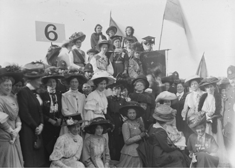 Suffragettes in fancy hats and mortar boards in Hyde Park, London, June 1908