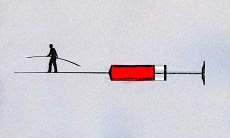 Man walking tightrope on syringe needle