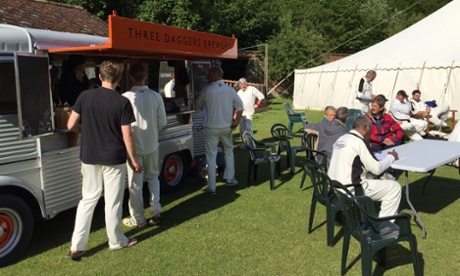 Village cricketers celebrate a victory at The Three Daggers’ beer bus