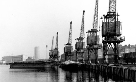 Cranes lie idle on the Isle of Dogs in London's Docklands in 1976.