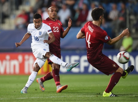 Jesse Lingard fires a shot at goal against Portugal.