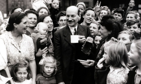 Clement Attlee, the Labour leader, campaigning in his Limehouse constituency in London in the 1945 election.