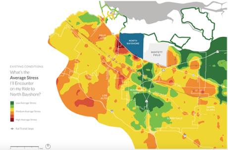 The average stress of given routes to Google HQ in North Bayshore. Short routes can have high levels of stress.