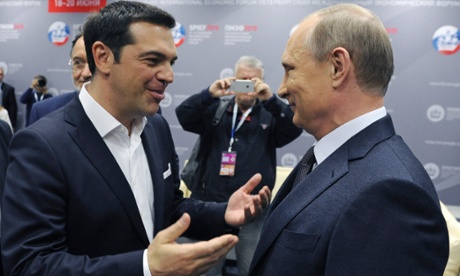 Greece’s Alexis Tsipras and Russia’s Vladimir Putin in St Petersburg.