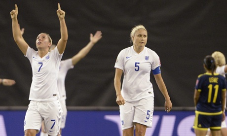 England players Jordan Nobbs (left) and Steph Houghton (right) celebrate the second goal against Colombia.