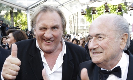 Gerard Depardieu and Sepp Blatter at the Cannes premiere of United Passions, May 2014.