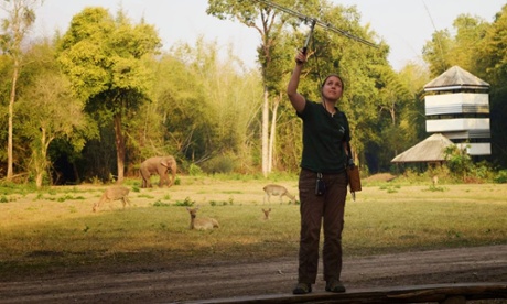 Kate Jenks listening for signals from a GPS-collar on a dhole in Salak Pra Wildlife Sanctuary in Thailand. Asian elephant and Eld’s deer in the distance. 