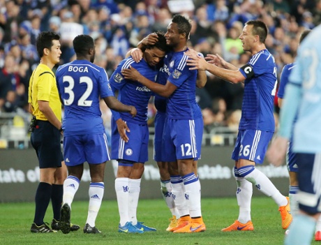 Chelsea’s Loic Remy, centre, is congratulated by teammate’s after scoring.