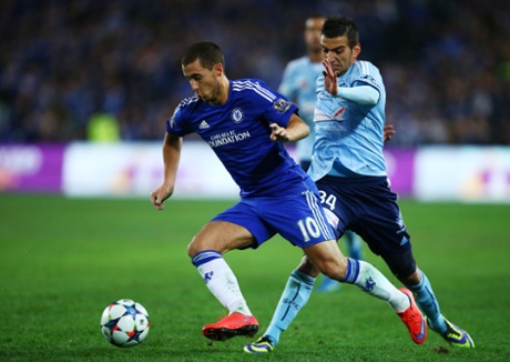 Eden Hazard slips past Robert Stambolziev.